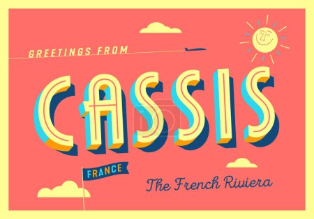 Illustration for Greetings from Cassis, France - The French Riviera - Touristic Postcard - Royalty Free Image