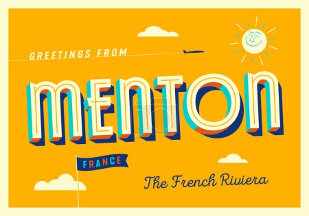 Téléchargez les illustrations : Salutations de Menton, France - La Côte d'Azur - Carte postale touristique - en licence libre de droit
