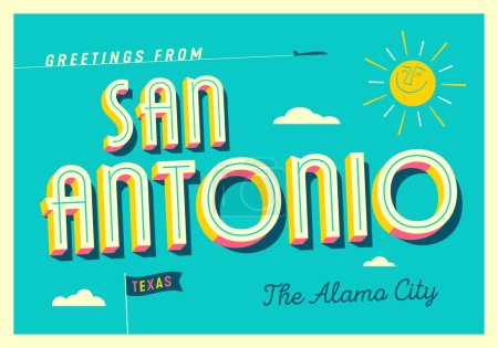 Illustration for Greetings from San Antonio, Texas, USA - The Alamo city - Wish you were here! - Touristic Postcard. - Royalty Free Image