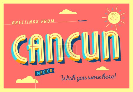 Illustration for Greetings from Cancun, Mexico - Wish you were here! - Touristic Postcard. - Royalty Free Image