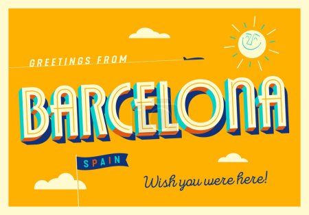 Téléchargez les illustrations : Salutations de Barcelone, Espagne - J'aimerais que vous soyez là ! - Carte postale touristique. - en licence libre de droit