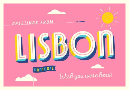 Ilustración de Saludos desde Lisboa, Portugal - ¡Ojalá estuvieras aquí! - Postal turística. - Imagen libre de derechos