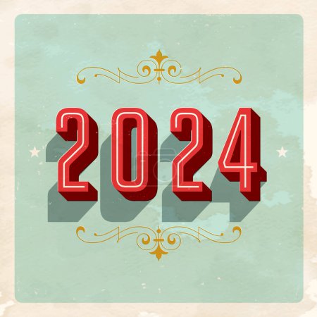 Illustration for Vintage 2024 New Year's Eve greeting card. Vector EPS 10. Grunge effects can be easily removed for a clean, brand new sign. For prints and web messages, greeting cards, banners, etc... - Royalty Free Image
