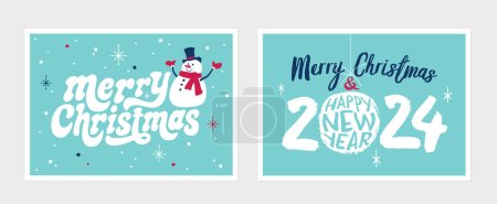 Téléchargez les illustrations : Ensemble de deux cartes de vœux de vacances de style vintage - Joyeux Noël et Bonne année 2024 - en licence libre de droit