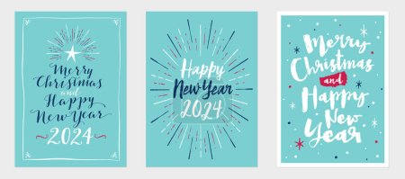 Foto de Conjunto de tres tarjetas de felicitación de vacaciones de estilo vintage - Feliz Navidad y Feliz año nuevo 2024 - Imagen libre de derechos