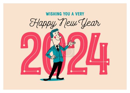 Illustration for Vintage Style New Year Greetings Card - Wishing You a Very Happy New Year 2024 - Vector EPS10 Illustration. - Royalty Free Image