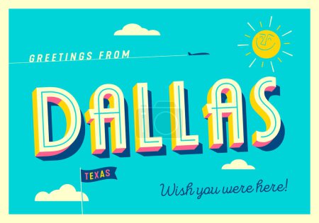 Ilustración de Saludos desde Dallas, Texas, USA - ¡Ojalá estuvieras aquí! - Postal turística. Ilustración vectorial. - Imagen libre de derechos