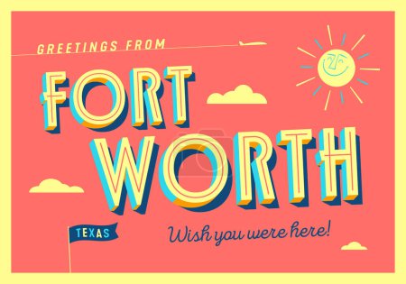 Illustration for Greetings from Fort Worth, Texas, USA - Wish you were here! - Touristic Postcard. Vector Illustration. - Royalty Free Image