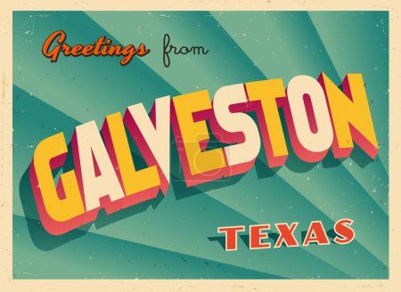 Salutations de Galveston, Texas, États-Unis - J'aimerais que vous soyez là ! - Carte postale touristique vintage. Illustration vectorielle. Les effets utilisés peuvent être facilement supprimés pour une toute nouvelle carte propre.
