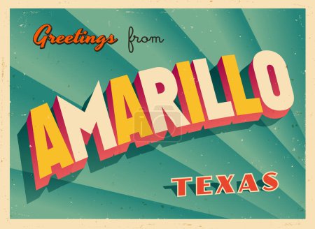 Illustration for Greetings from Amarillo, Texas, USA - Wish you were here! - Vintage Touristic Postcard. Vector Illustration. Used effects can be easily removed for a brand new, clean card. - Royalty Free Image
