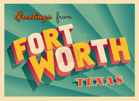 Illustration for Greetings from Fort Worth, Texas, USA - Wish you were here! - Vintage Touristic Postcard. Vector Illustration. Used effects can be easily removed for a brand new, clean card. - Royalty Free Image