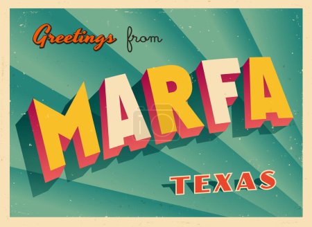 Illustration for Greetings from Marfa, Texas, USA - Wish you were here! - Vintage Touristic Postcard. Vector Illustration. Used effects can be easily removed for a brand new, clean card. - Royalty Free Image