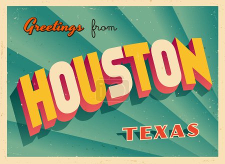 Ilustración de Saludos desde Houston, Texas, USA - ¡Ojalá estuvieras aquí! - Postal Turística Vintage. Ilustración vectorial. Los efectos usados se pueden quitar fácilmente para una tarjeta nueva y limpia. - Imagen libre de derechos
