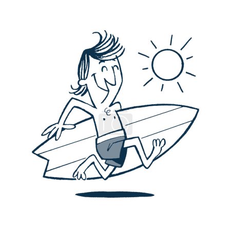 Téléchargez les illustrations : Clip Art Style Vintage - Joyeux surfeur courir pour monter de grandes vagues - Illustration vectorielle. - en licence libre de droit