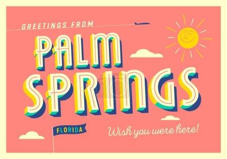 Illustration for Greetings from Palm Springs, Florida, USA - Wish you were here! - Touristic Postcard. Vector Illustration. - Royalty Free Image