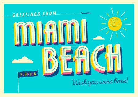 Illustration for Greetings from Miami Beach, Florida, USA - Wish you were here! - Touristic Postcard. Vector Illustration. - Royalty Free Image