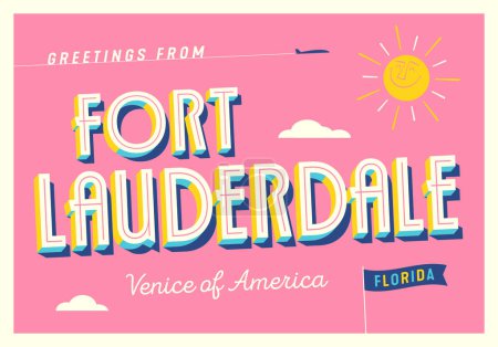 Ilustración de Saludos desde Fort Lauderdale, Florida, USA - Venecia de América - Postales Turísticos. Ilustración vectorial. - Imagen libre de derechos