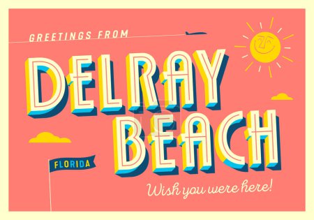 Ilustración de Saludos desde Delray Beach, Florida, USA - ¡Ojalá estuvieras aquí! - Postal turística. Ilustración vectorial. - Imagen libre de derechos