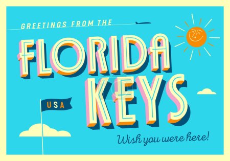 Illustration for Greetings from The Florida Keys, USA - Wish you were here! - Touristic Postcard. Vector Illustration. - Royalty Free Image