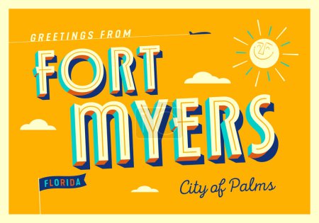 Ilustración de Saludos desde Fort Myers, Florida, USA - City of Palms - Postales Turísticas. Ilustración vectorial. - Imagen libre de derechos