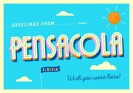 Téléchargez les illustrations : Salutations de Pensacola, Floride, États-Unis - J'aimerais que vous soyez là ! - Carte postale touristique. Illustration vectorielle. - en licence libre de droit