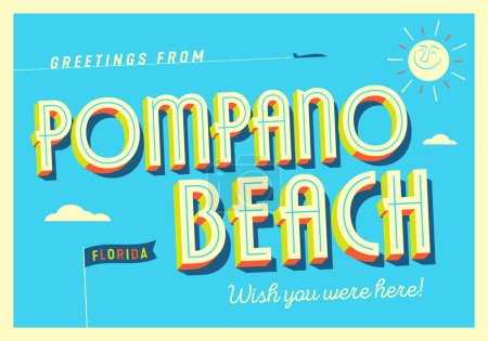 Téléchargez les illustrations : Salutations de Pompano Beach, Floride, États-Unis - J'aimerais que vous soyez là ! - Carte postale touristique. Illustration vectorielle. - en licence libre de droit