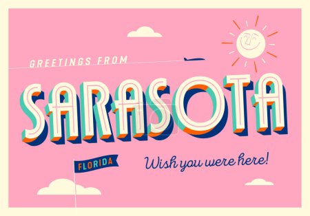 Téléchargez les photos : Salutations de Sarasota, Floride, États-Unis - J'aimerais que vous soyez là ! - Carte postale touristique. Illustration vectorielle. - en image libre de droit