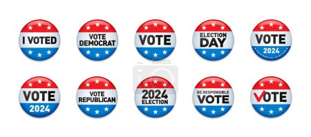 Téléchargez les illustrations : Ensemble de 10 boutons d'élection présidentielle des États-Unis d'Amérique en 2024. - en licence libre de droit