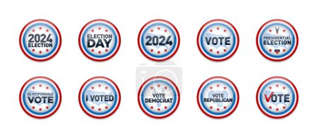 Illustration for Set of 10 2024 United States of America Presidential Election Buttons. - Royalty Free Image