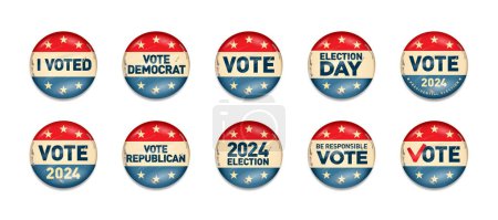 Illustration for Set of 10 vintage style 2024 United States of America Presidential Election Buttons. - Royalty Free Image
