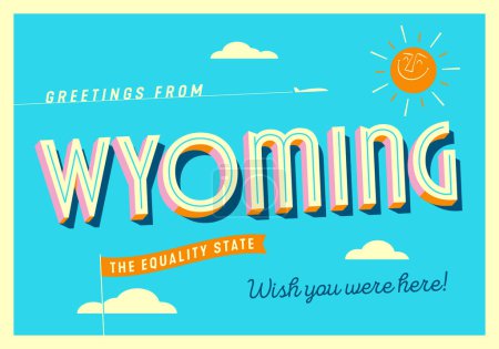 Illustration for Greetings from Wyoming, USA - The Equality State - Touristic Postcard. - Royalty Free Image
