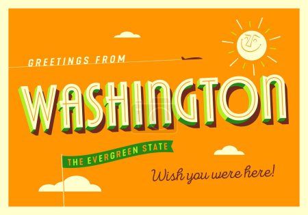 Ilustración de Saludos desde Washington, USA - El Estado Evergreen - Postales Turísticas. - Imagen libre de derechos