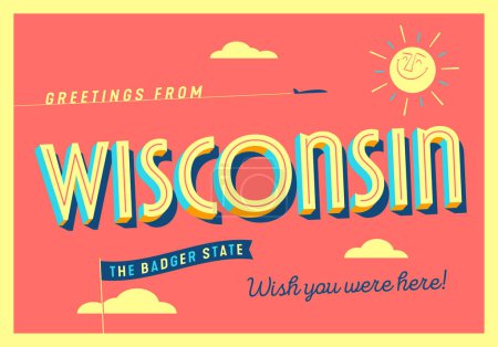 Illustration for Greetings from Wisconsin, USA - The Badger State - Touristic Postcard. - Royalty Free Image