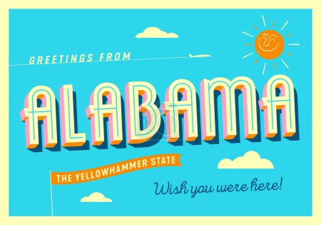 Illustration for Greetings from Alabama, USA - The Yellowhammer State - Touristic Postcard. - Royalty Free Image