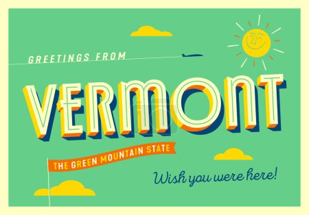 Téléchargez les illustrations : Salutations du Vermont, États-Unis - The Green Mountain State - Carte postale touristique. - en licence libre de droit