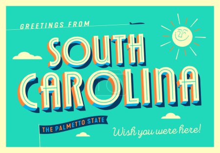 Téléchargez les illustrations : Salutations de Caroline du Sud, États-Unis - The Palmetto State - Carte postale touristique. - en licence libre de droit