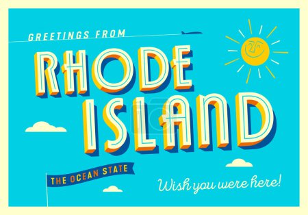 Téléchargez les illustrations : Salutations de Rhode Island, États-Unis - The Ocean State - Carte postale touristique. - en licence libre de droit