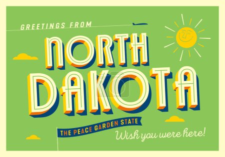 Illustration for Greetings from North Dakota, USA - The Peace Garden State - Touristic Postcard. - Royalty Free Image
