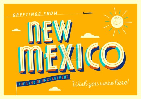 Téléchargez les illustrations : Salutations du Nouveau-Mexique, États-Unis - La terre de l'enchantement - Carte postale touristique. - en licence libre de droit