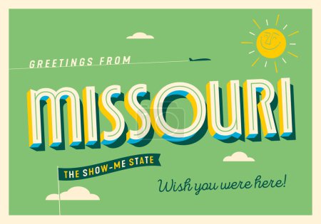 Illustration for Greetings from Missouri, USA - The Show-Me State - Touristic Postcard - Royalty Free Image