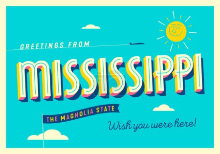 Ilustración de Saludos desde Mississippi, USA - El Estado de Magnolia - Postales Turísticas. - Imagen libre de derechos