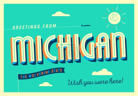 Téléchargez les illustrations : Salutations de Michigan, États-Unis - The Wolverine State - Carte postale touristique. - en licence libre de droit