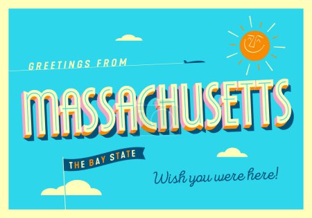 Téléchargez les illustrations : Salutations du Massachusetts, États-Unis - The Bay State - Carte postale touristique. - en licence libre de droit