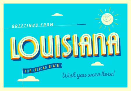 Illustration for Greetings from Louisiana, USA - The Pelican State - Touristic Postcard. - Royalty Free Image