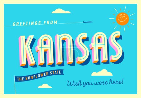 Téléchargez les illustrations : Salutations du Kansas, États-Unis - The Sunflower State - Carte postale touristique. - en licence libre de droit