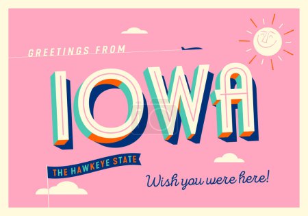 Téléchargez les photos : Salutations de l'Iowa, États-Unis - The Hawkeye State - Carte postale touristique. - en image libre de droit