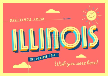 Téléchargez les illustrations : Salutations de l'Illinois, États-Unis - The Prairie State - Carte postale touristique. - en licence libre de droit