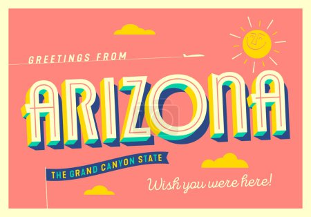 Illustration for Greetings from Arizona, USA - The Grand Canyon State - Touristic Postcard. - Royalty Free Image