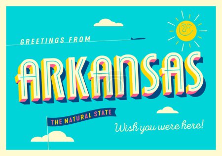 Illustration for Greetings from Arkansas, USA - The Natural State - Touristic Postcard. - Royalty Free Image