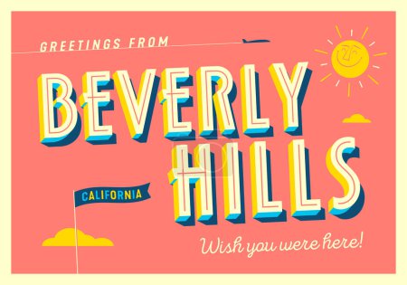 Téléchargez les illustrations : Salutations de Beverly Hills, Californie, États-Unis - J'aimerais que vous soyez là ! - Carte postale touristique. - en licence libre de droit